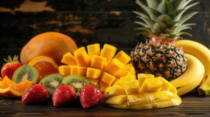 Fresh pineapple with summer seasonal fruit on table