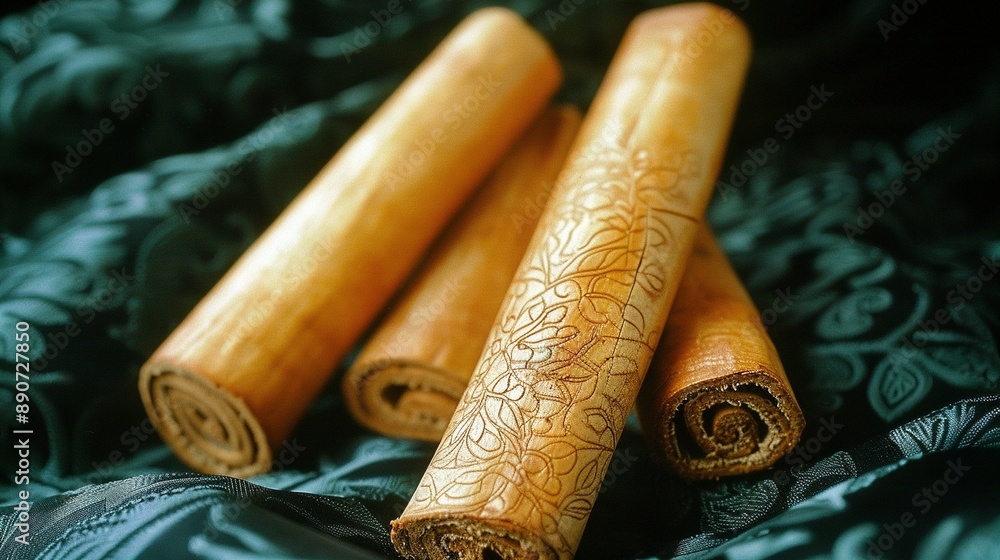 Poster three rolled-up bamboo sticks resting on a black-and-blue cloth with a pattern at the end of each on