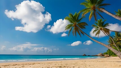 A stunning landscape of a paradise beach on a tropical island, with crystal-clear waters, soft white sand, and lush palm trees, creating a perfect retreat.