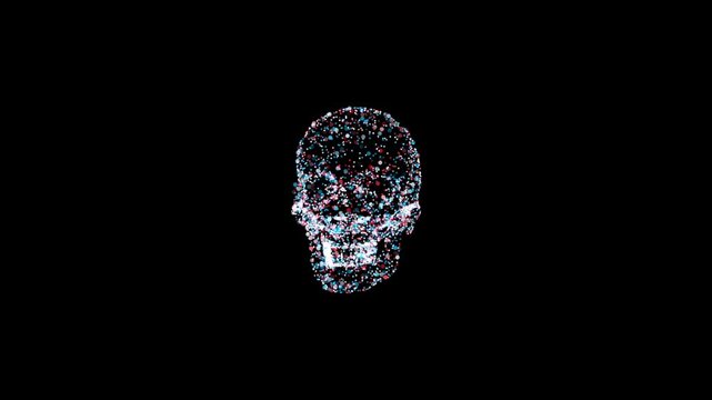 3D animation of a human skull with multi-colored particles and rotating it around an axis in a circle on a black isolated background