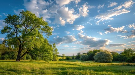 Obraz premium Sunny Meadow with Trees and Clouds