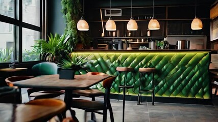 Modern Bar Interior with Green Wall and Wooden Tables and Chairs