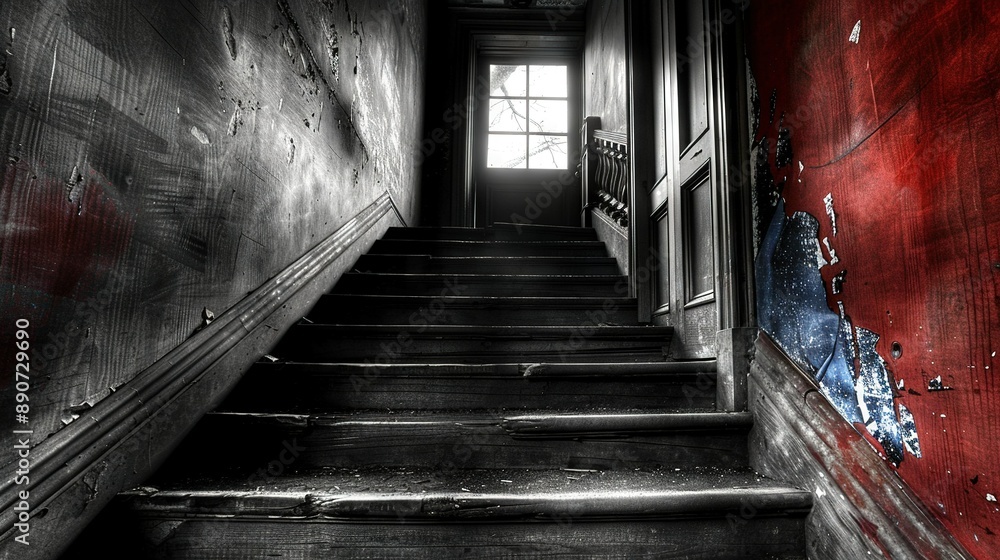 Poster b&w image of stairs ascending to red-walled room with window