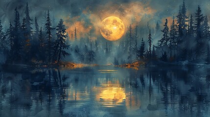 A watercolor painting of a lone wolf howling at the full moon, with the moonlight reflecting off a nearby lake.