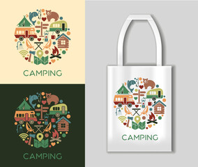 Flat icons in the circle shape on the theme of camping and outdoor recreation. Camping concept with tote bag mockup