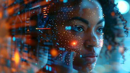Wide angle image for banners or advertisements, showing young black woman working on holographic screen and global communication network concept.
