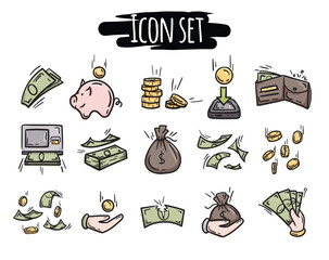Simple vector set of icons related to money, business, finance, sales, shares. Hand drawn illustration. Signs and symbols for design.