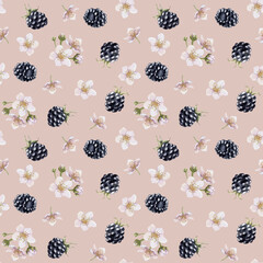 Blackberry, ripe berries. Watercolor illustration, floral seamless pattern on peach pink for table textile, food package