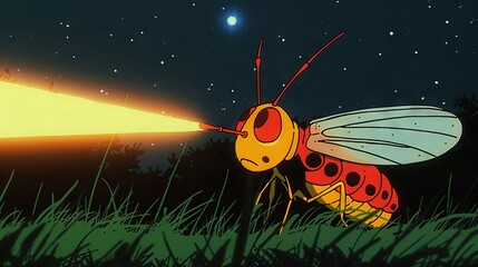 Naklejka premium A yellow bug rests on a green grass field beside a radiant yellow sun