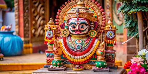 Obraz premium Intricately carved wooden idol of Lord Jagannath, adorned with vibrant colors and ornaments, sits serenely on a decorative pedestal, awaiting devotion and worship.