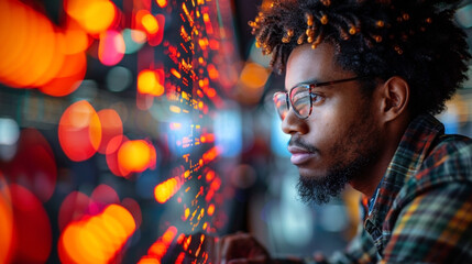 Focused young man with glasses analyzing data on a large screen with vibrant red and orange lights, representing technology and analytics