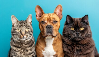 Portrait of Serious Tabby Cat, Curious Dog with Brown and White Fur, and Fluffy Black Cat