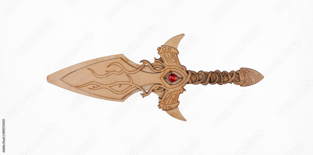 Poster wooden fantasy sword isolated on white background