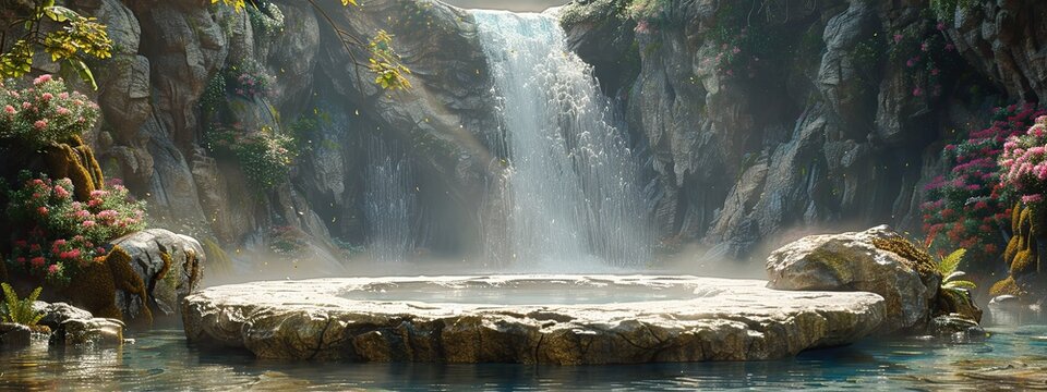 Rock podium stone forest background product 3D platform pedestal flat. Stone round rock podium display render green gray stand abstract wild nature space stage mockup cosmetic outdoor empty scene.