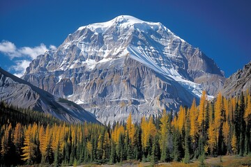 Obraz premium Alpine mountain scenery autumn hues, pine trees, snowy peak, high contrast in brown and grey tones