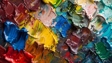 Fototapeta premium Close-up texture of vibrant abstract oil paint in various colors on a canvas, showcasing brushstrokes.