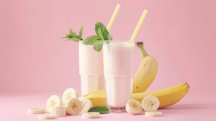 Fresh sliced banana fruit with milk breakfast closeup view
