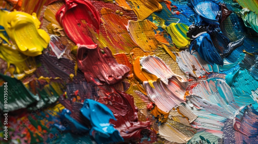 Poster an expressive and dynamic abstract painting created with colorful strokes and rich textures on canva