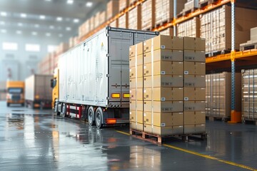 Packaging Boxes Stacked on Pallets Load with Shipping Cargo Container