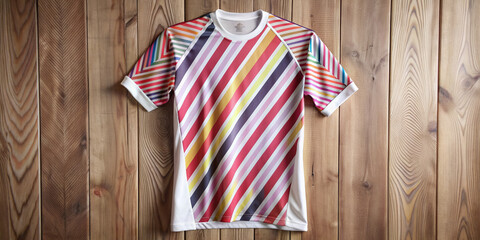Vibrant colorful sport t-shirt fabric textile design for football club uniform featuring geometric patterns and bold stripes on a white soccer jersey mockup front view.