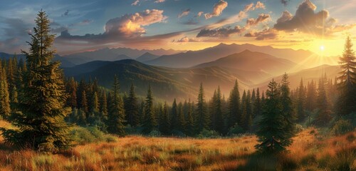 Fototapeta premium A panoramic view of the Carpathian Mountains at sunrise, with golden light casting long shadows over lush green meadows and dense forests Generative AI