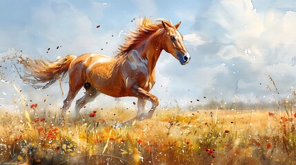 A watercolor painting of a spirited horse galloping across an open meadow, with its mane flowing in the wind.