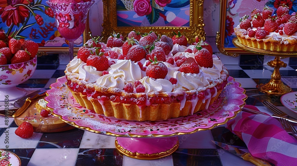 Poster a macro image of a cake on a tablecloth with surrounding plates and a reflective surface nearby
