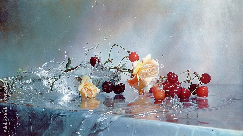 Poster a table with a cluster of cherries, surrounded by water droplets cascading from them