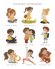 Calming Techniques Poster, Calming Strategies illustration, kids silhouettes, educational material, kids vector, kindergarten illustration, classroom poster, smiles vector, preschool design	
