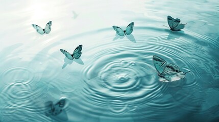   Butterflies fly over water with ripples, sun in backdrop