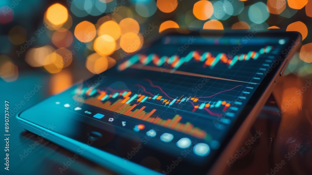 Poster a digital tablet displaying a candlestick chart of gold prices, used for technical analysis