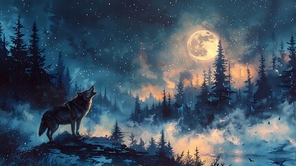 A watercolor painting of a wolf howling at the full moon, with the moon casting a luminous glow over the snow-covered landscape.