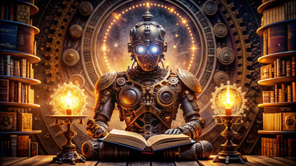 Obraz premium An ornate, vintage artificial intelligence robot writer sits amidst intricate gears, surrounded by ancient tomes, with a radiant, magical potion glowing brightly from within its core.
