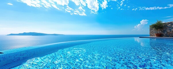 Obraz premium A beautiful blue pool with a tree in the background. Free copy space for text.