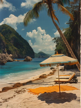Serviette de plage avec un parasol sur une plage tropicale, paysage de vacances l'&eacute;t&eacute; &agrave; l'&eacute;tranger sur une plage de sable