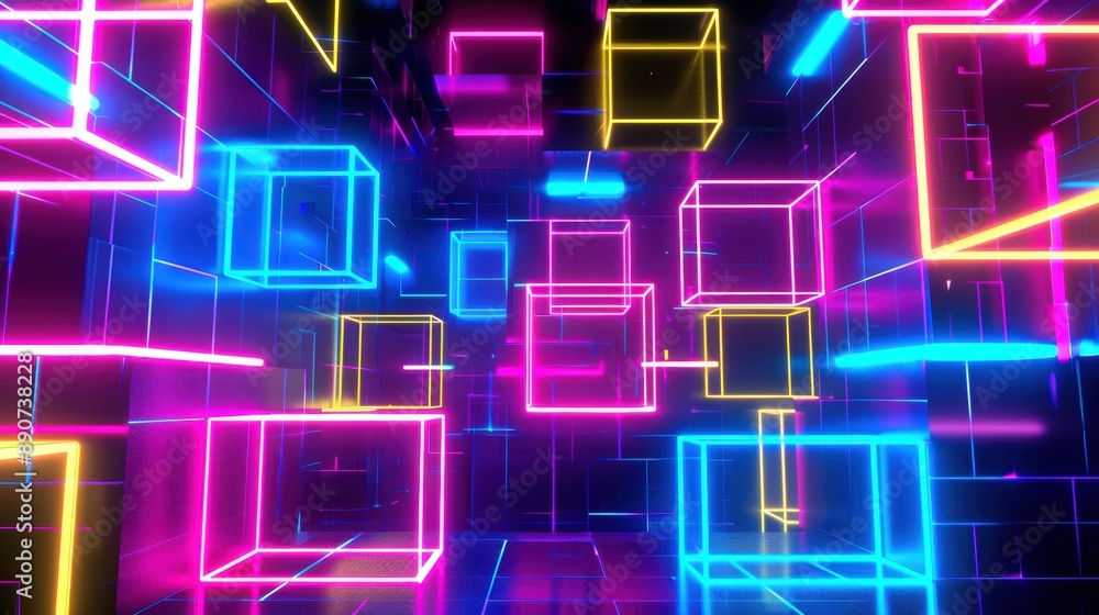 Poster neon cube abstract light design. a vibrant and futuristic composition featuring neon-lit cubes in a 