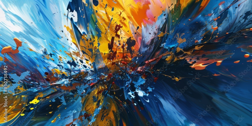 Poster dynamic and vibrant abstract painting with splashes of blue, yellow, and orange, creating intense mo