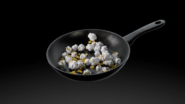 Kernels popping in a frying pan and turning into popcorn
