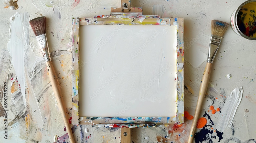 Poster a photo frame resting atop a table alongside paintbrushes and a brush positioned on the tabletop
