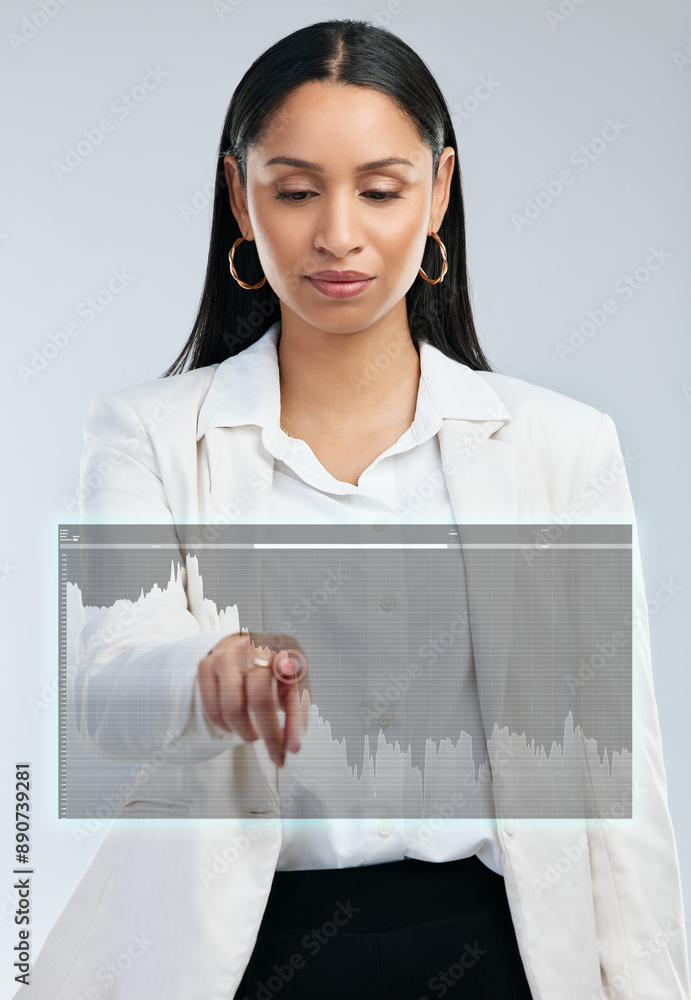 Poster business, woman and hologram of chart in studio for stock market, interactive and trading. future, f