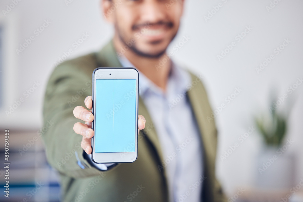 Aufkleber businessman, hand and mockup on phone with offer for online trading, investment and registration. sm