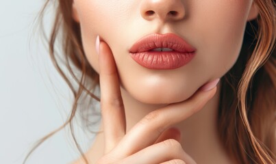 Obraz premium Woman touching her red lips, showcasing perfect lip makeup. Free copy space for text.