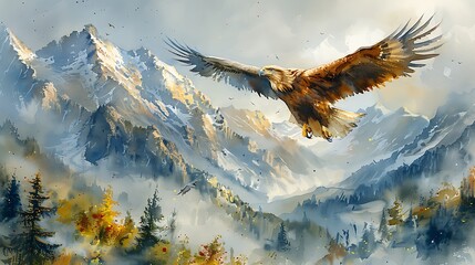 A watercolor painting of an eagle flying over a range of sunlit mountains, with a vast expanse of sky and clouds creating a sense of freedom and space.