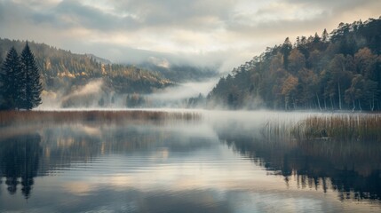 Fototapeta premium A foggy morning with mist rising from a lake, creating a serene and tranquil landscape