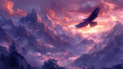 A watercolor painting of an eagle gliding effortlessly above a range of towering mountain peaks, with the sky transitioning from day to night.