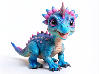 Obraz premium Adorable baby dinosaur with charming blue skin, pink spikes, and big expressive eyes, perfect for kids educational materials, books or stickers, isolated on white background.