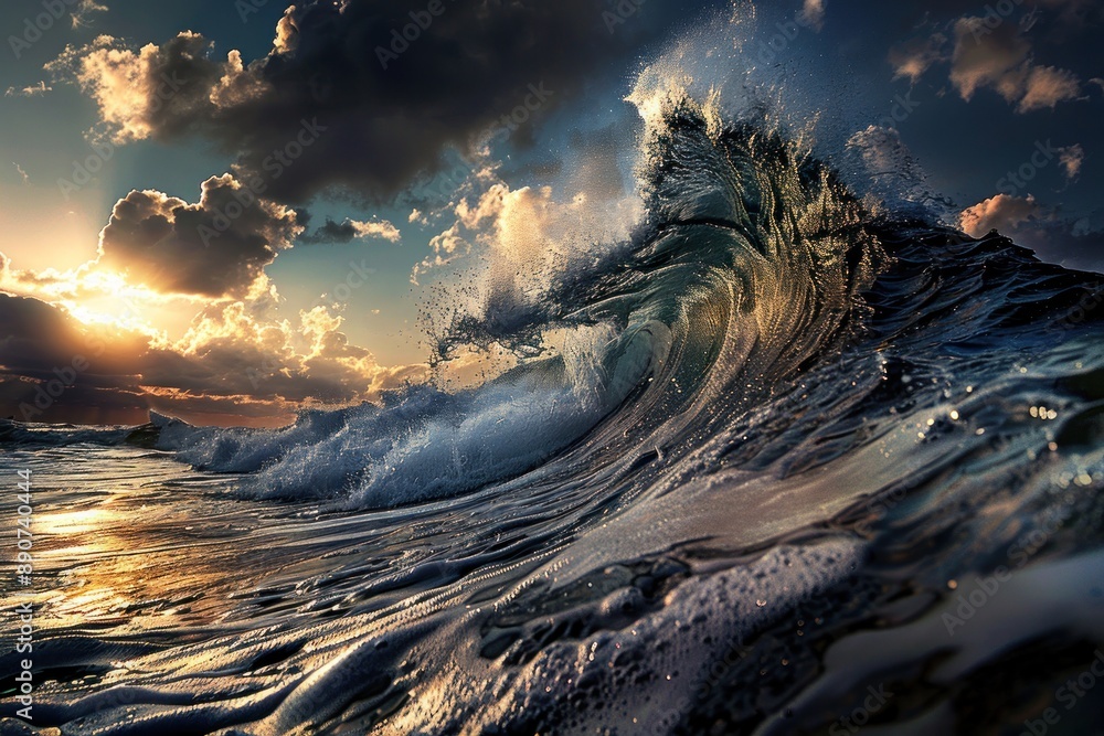 Poster a wave crashing into the ocean with the sun setting in the background
