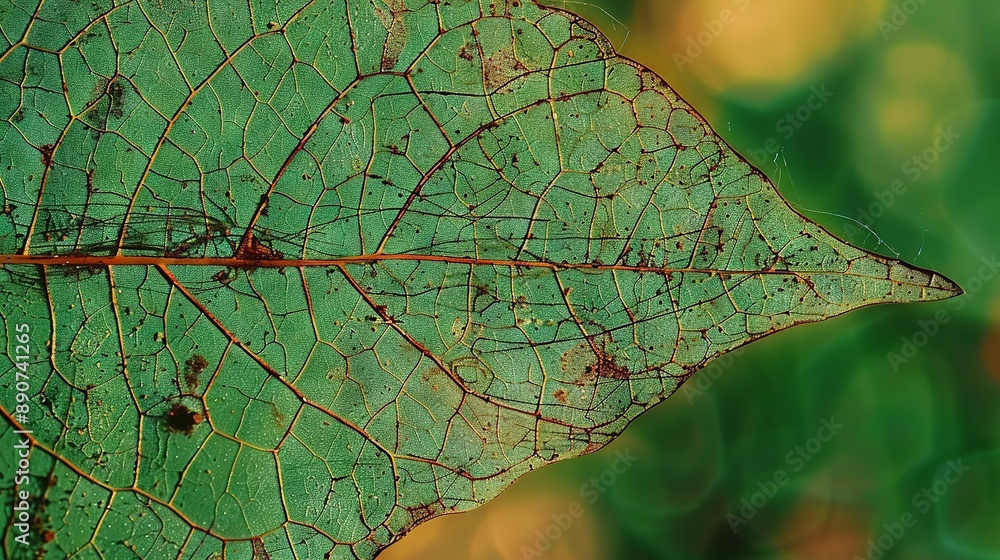 Aufkleber a sharp image of a green leaf with visible dirt on its surface and an out-of-focus backdrop