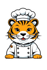 Clipart avatar of a tiger a chefs hat a white coat and cook, cartoon chef logo on a white background.