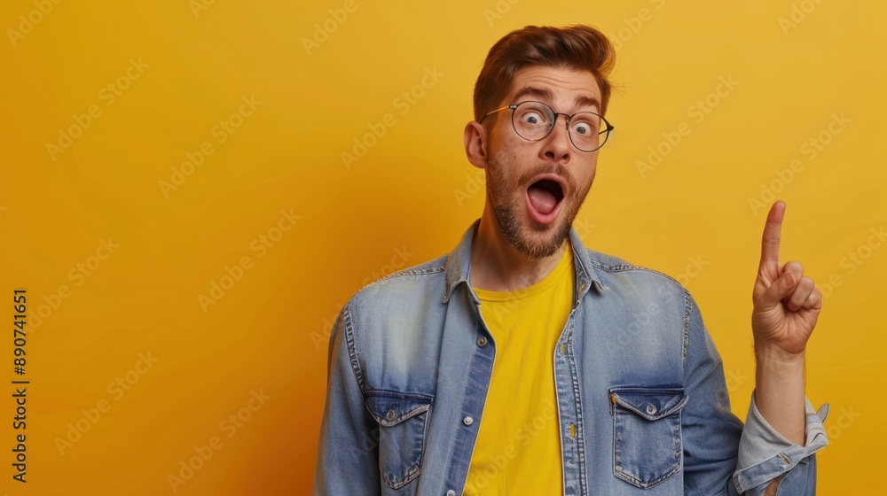 Wall mural A man with glasses is pointing at something on a yellow background